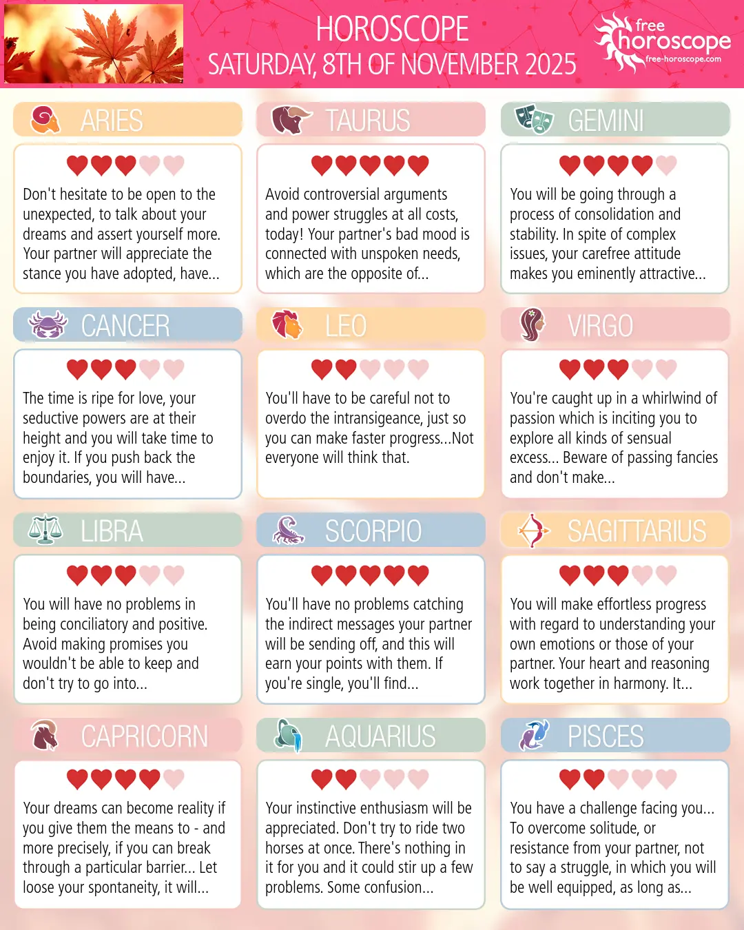 Horoscope for Saturday, November 8, 2025