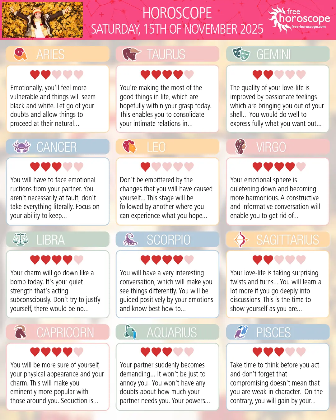 Horoscope for Saturday, November 15, 2025