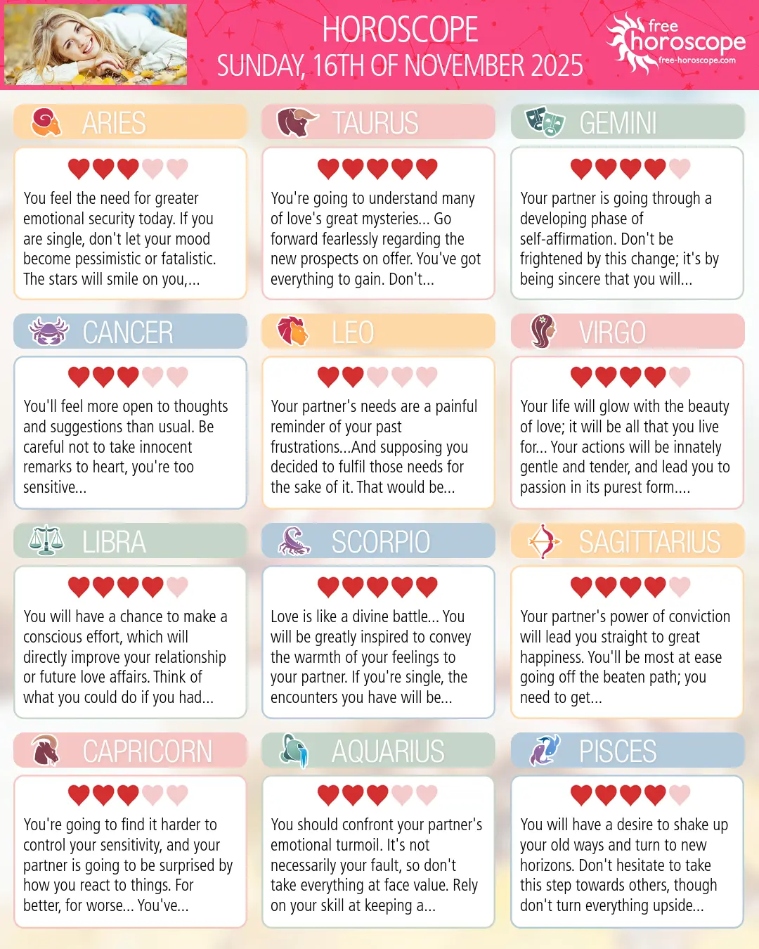 Horoscope for Sunday, November 16, 2025