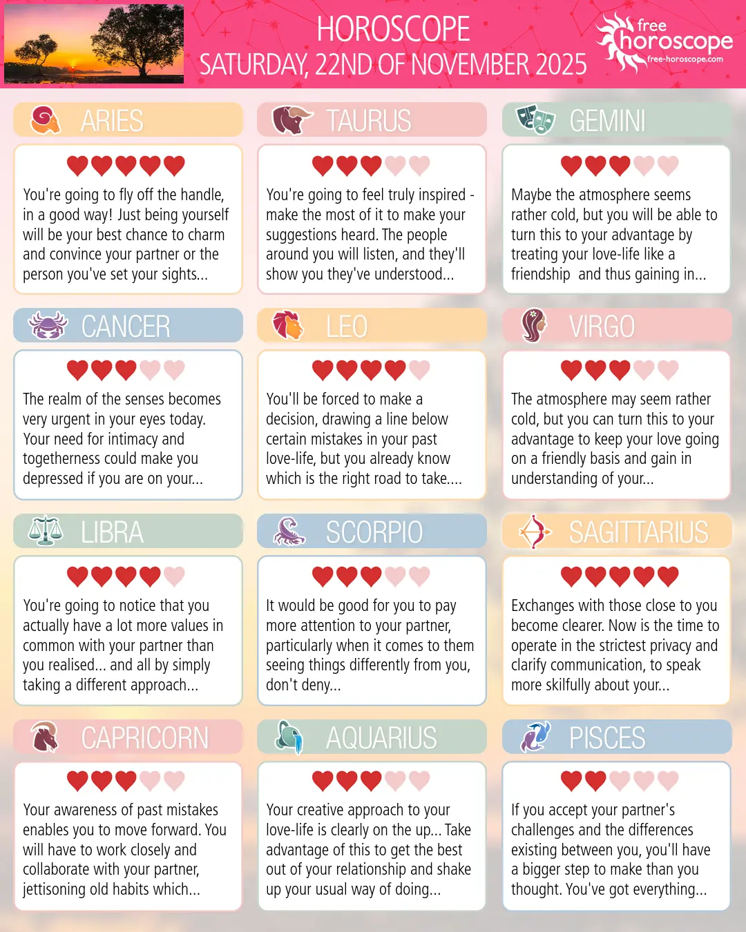 Horoscope for Saturday, November 22, 2025