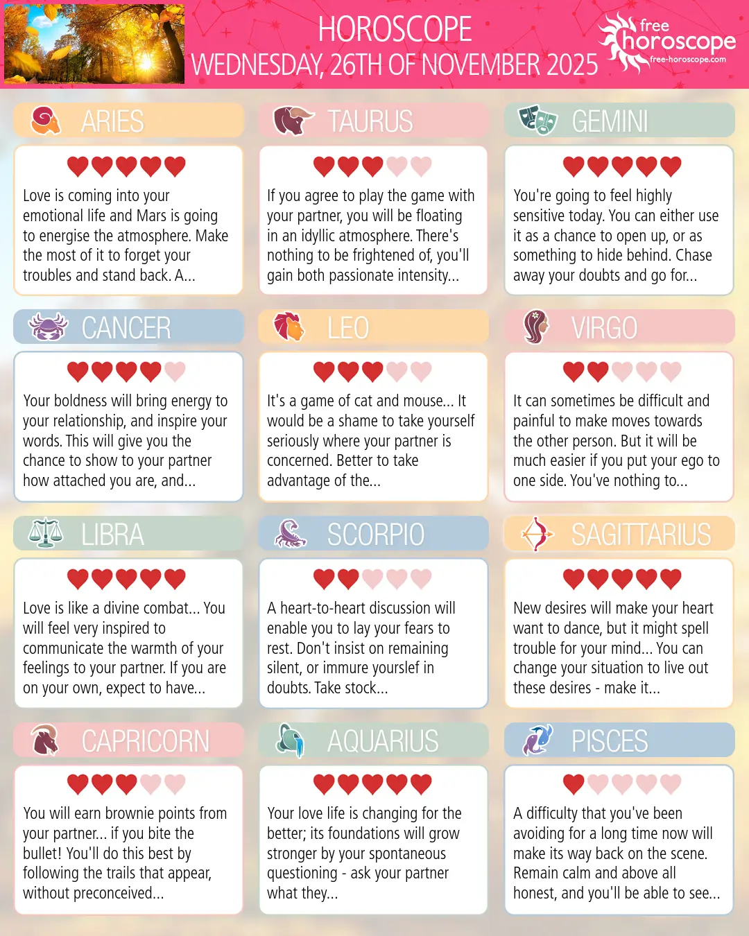 Horoscope for Wednesday, November 26, 2025