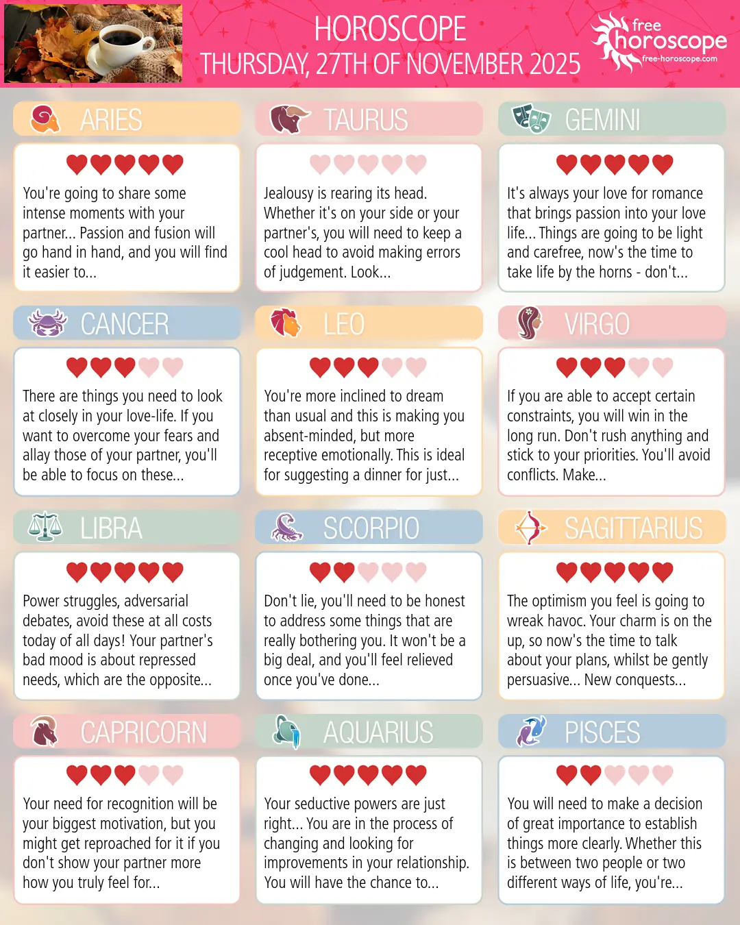 Horoscope for Thursday, November 27, 2025