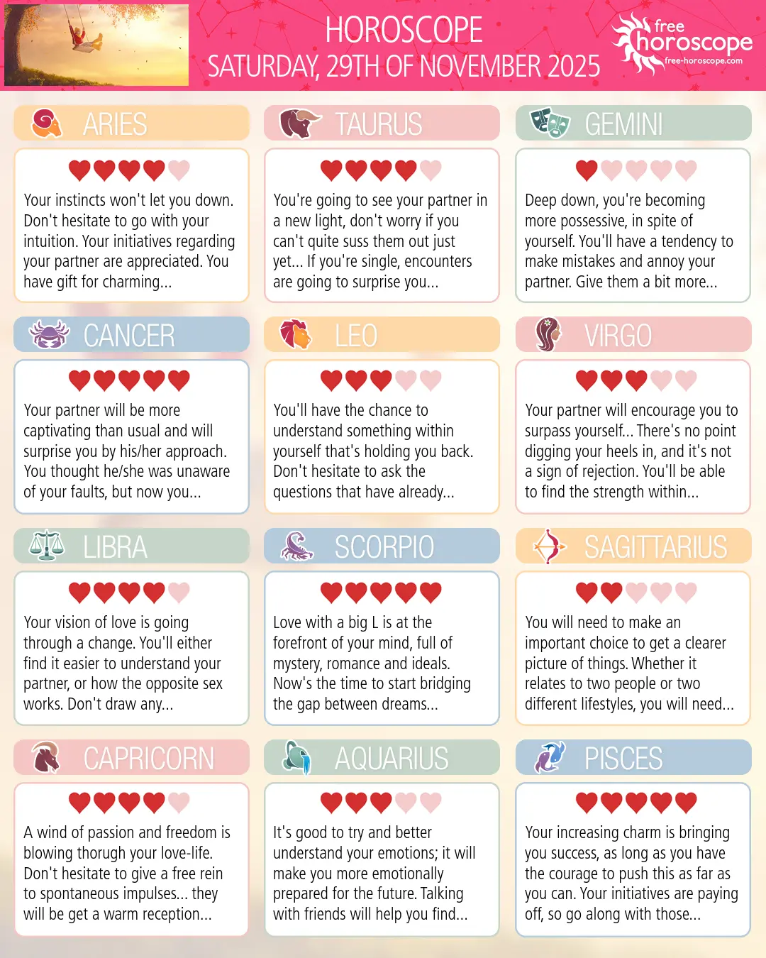 Horoscope for Saturday, November 29, 2025