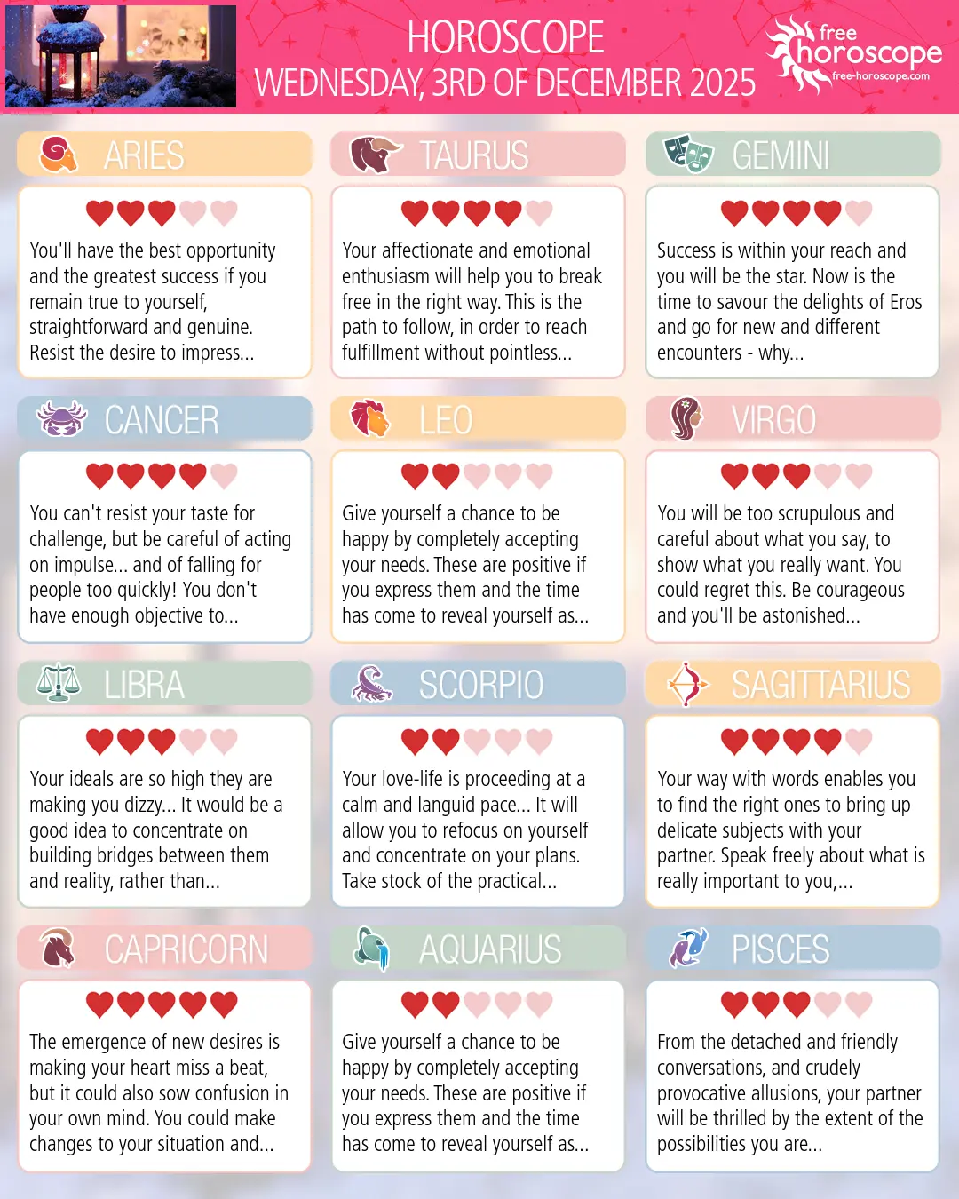 Horoscope for Wednesday, December 3, 2025