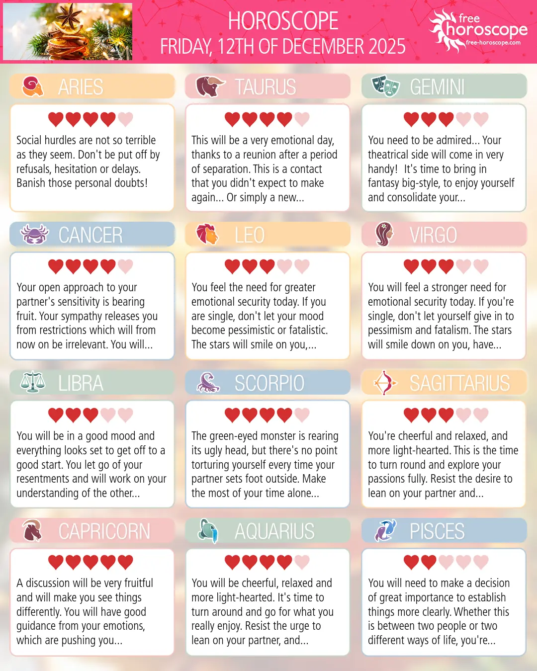 Horoscope for Friday, December 12, 2025