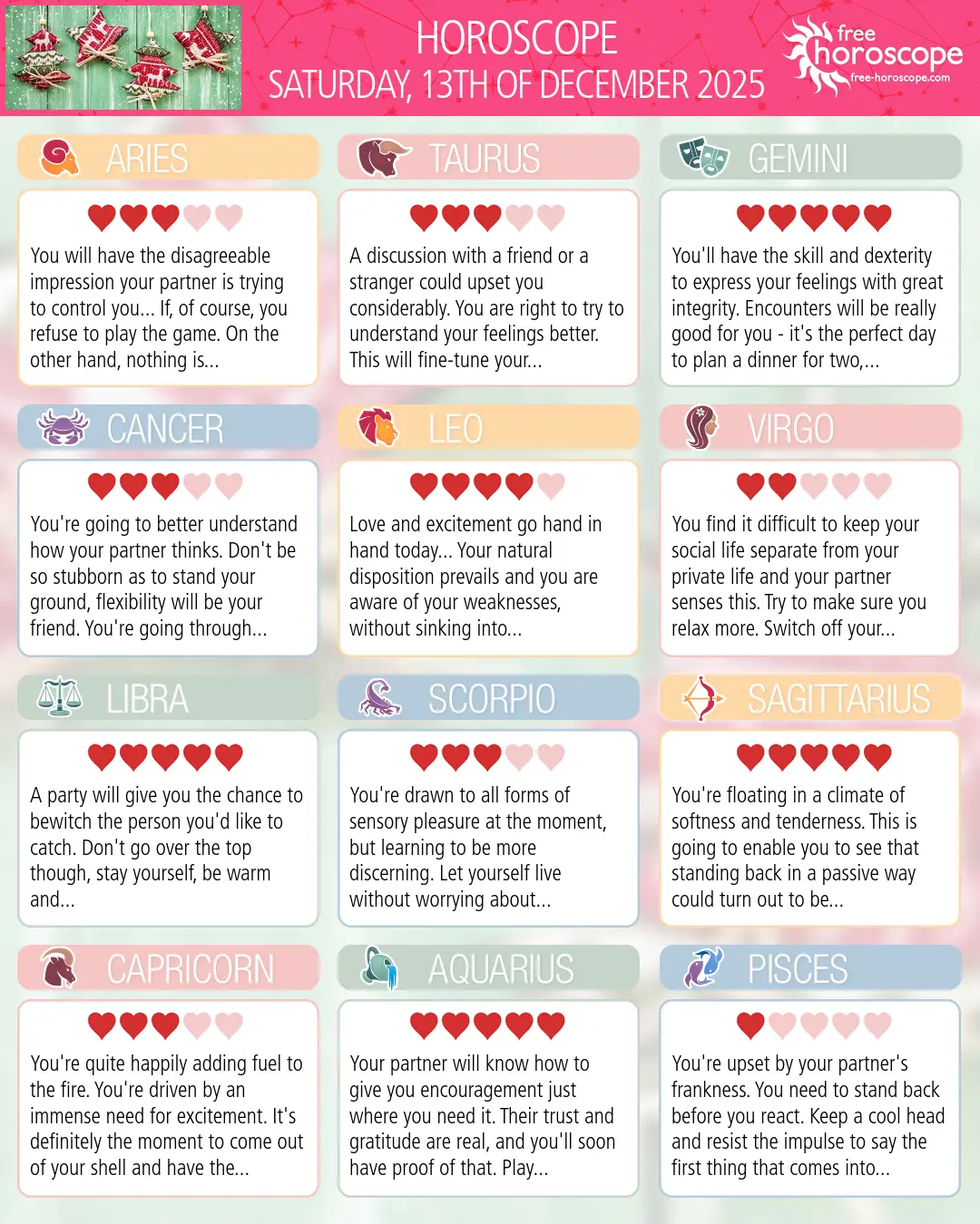 Horoscope for Saturday, December 13, 2025