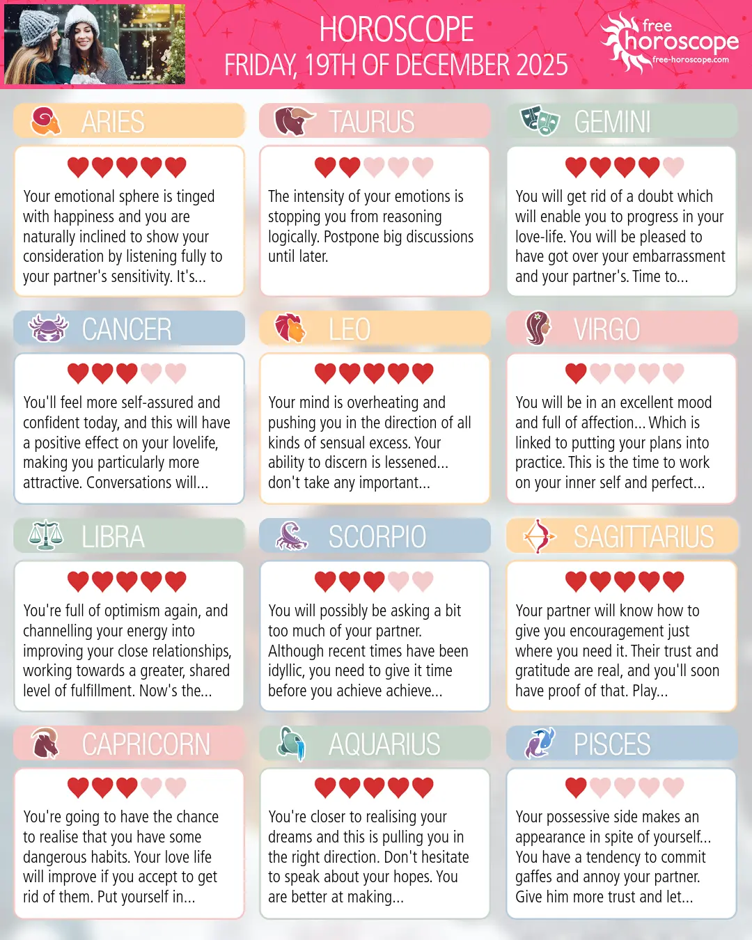 Horoscope for Friday, December 19, 2025