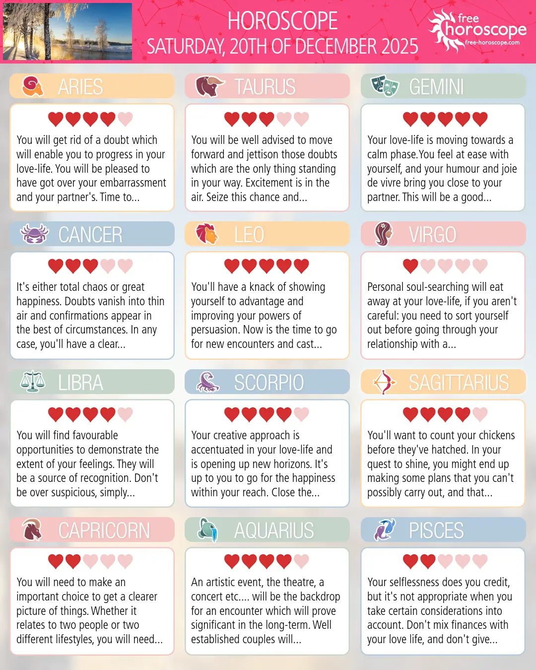 Horoscope for Saturday, December 20, 2025