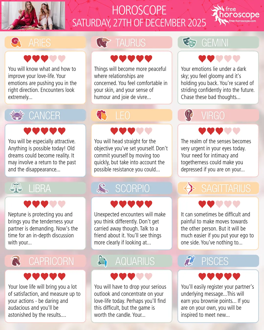 Horoscope for Saturday, December 27, 2025