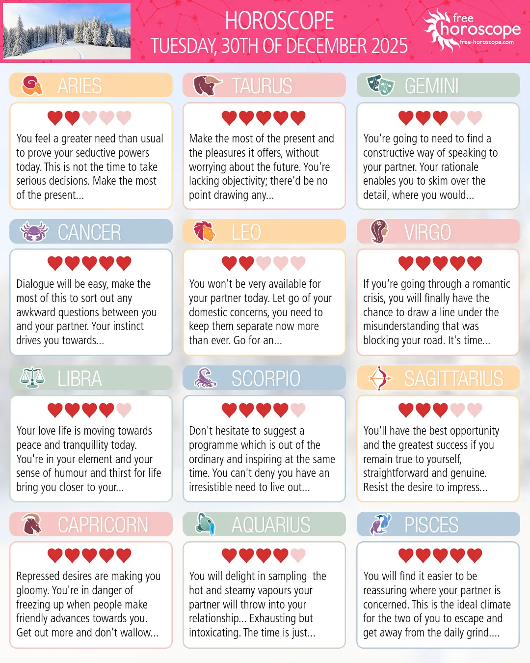 Horoscope for Tuesday, December 30, 2025