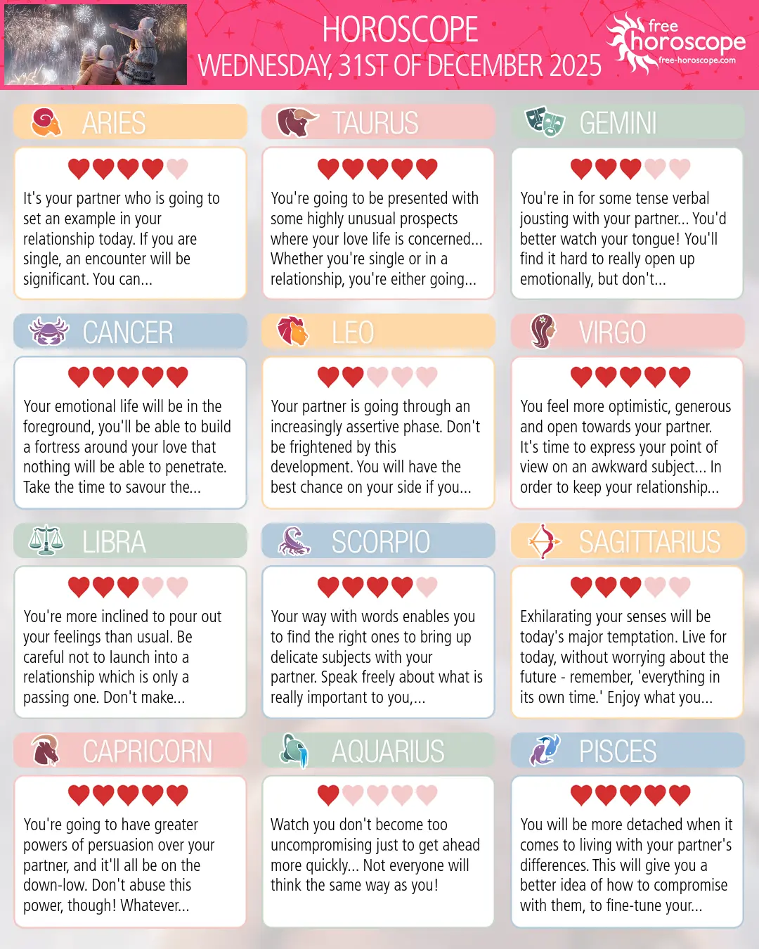 Horoscope for Wednesday, December 31, 2025