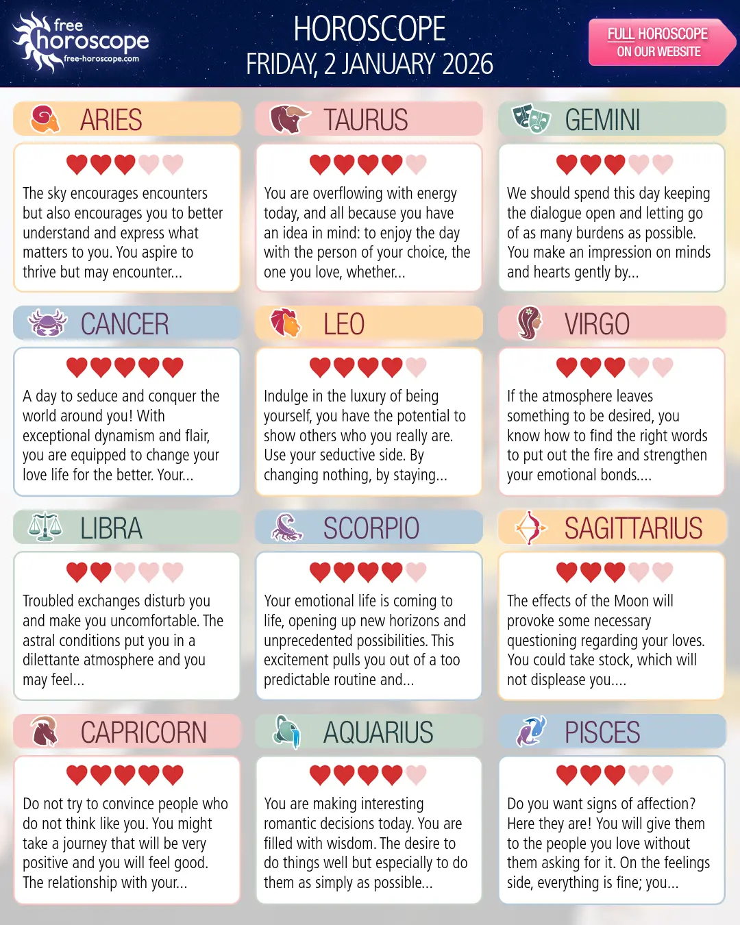 Horoscope for Friday, January 2, 2026