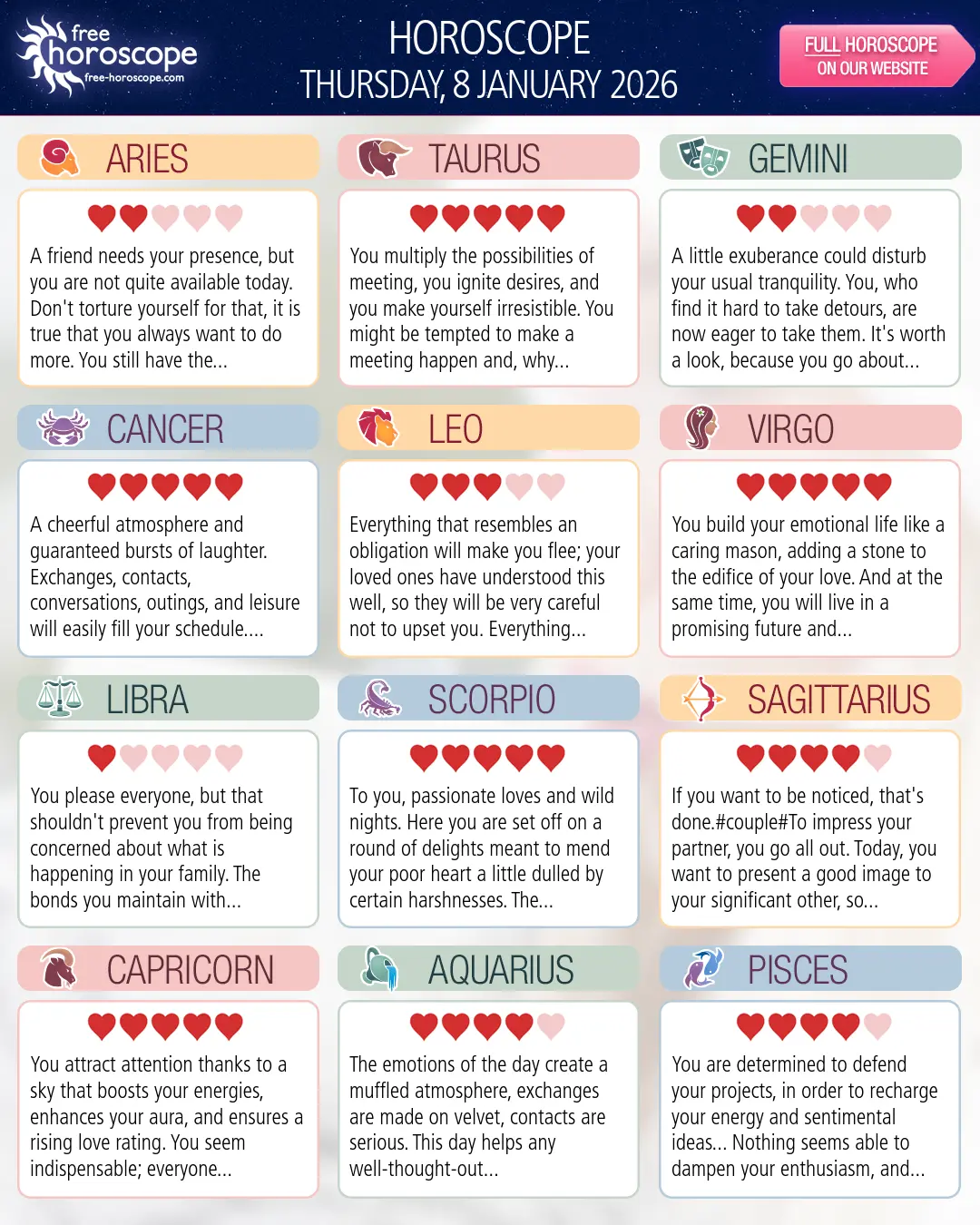 Horoscope for Thursday, January 8, 2026