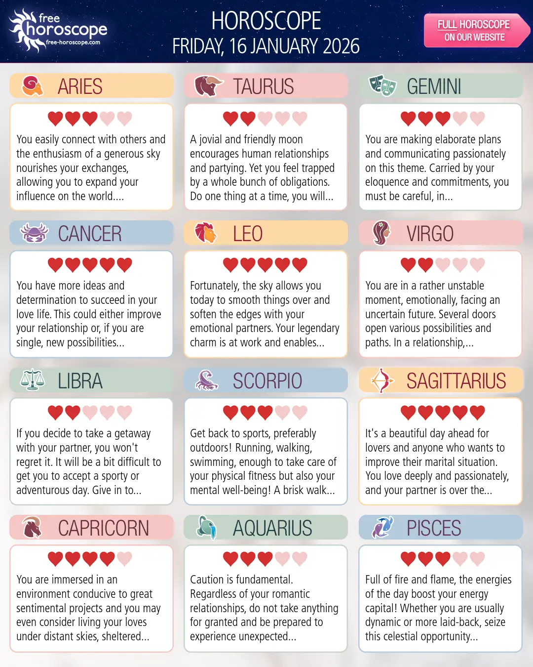 Horoscope for Friday, January 16, 2026