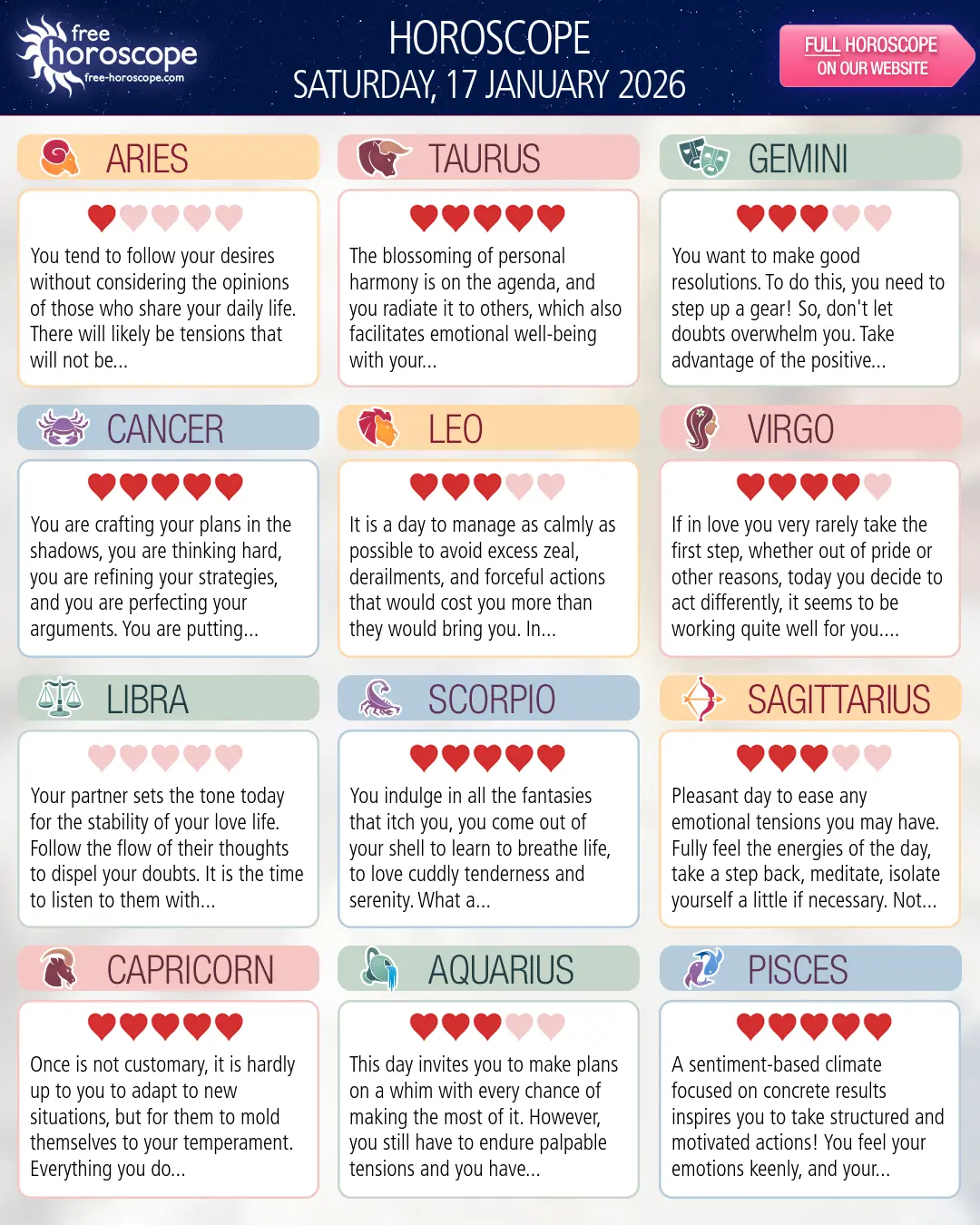 Horoscope for Saturday, January 17, 2026