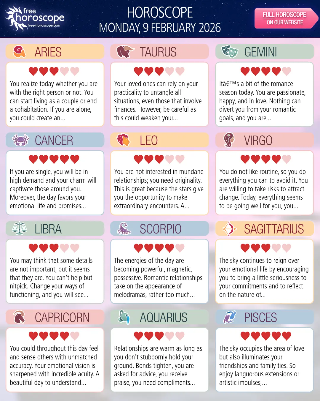 Horoscope for Monday, February 9, 2026