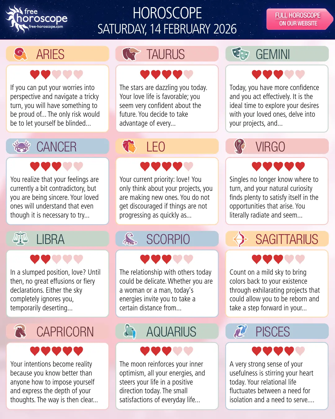 Horoscope for Saturday, February 14, 2026