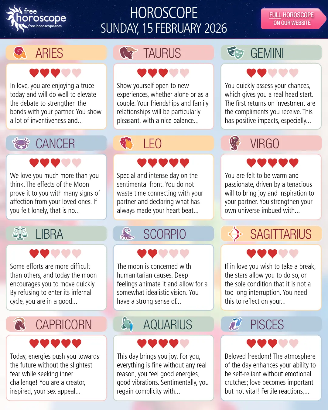 Horoscope for Sunday, February 15, 2026