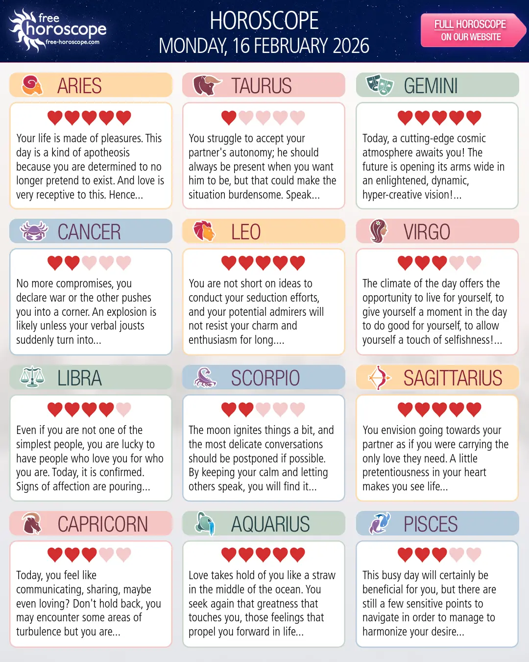 Horoscope for Monday, February 16, 2026