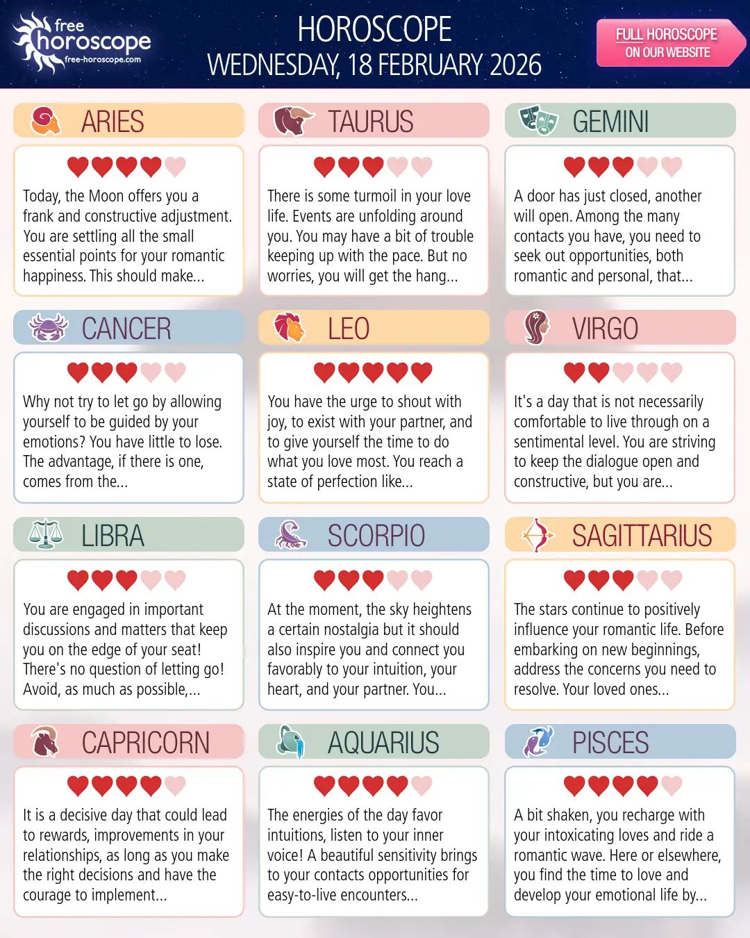 Horoscope for Wednesday, February 18, 2026