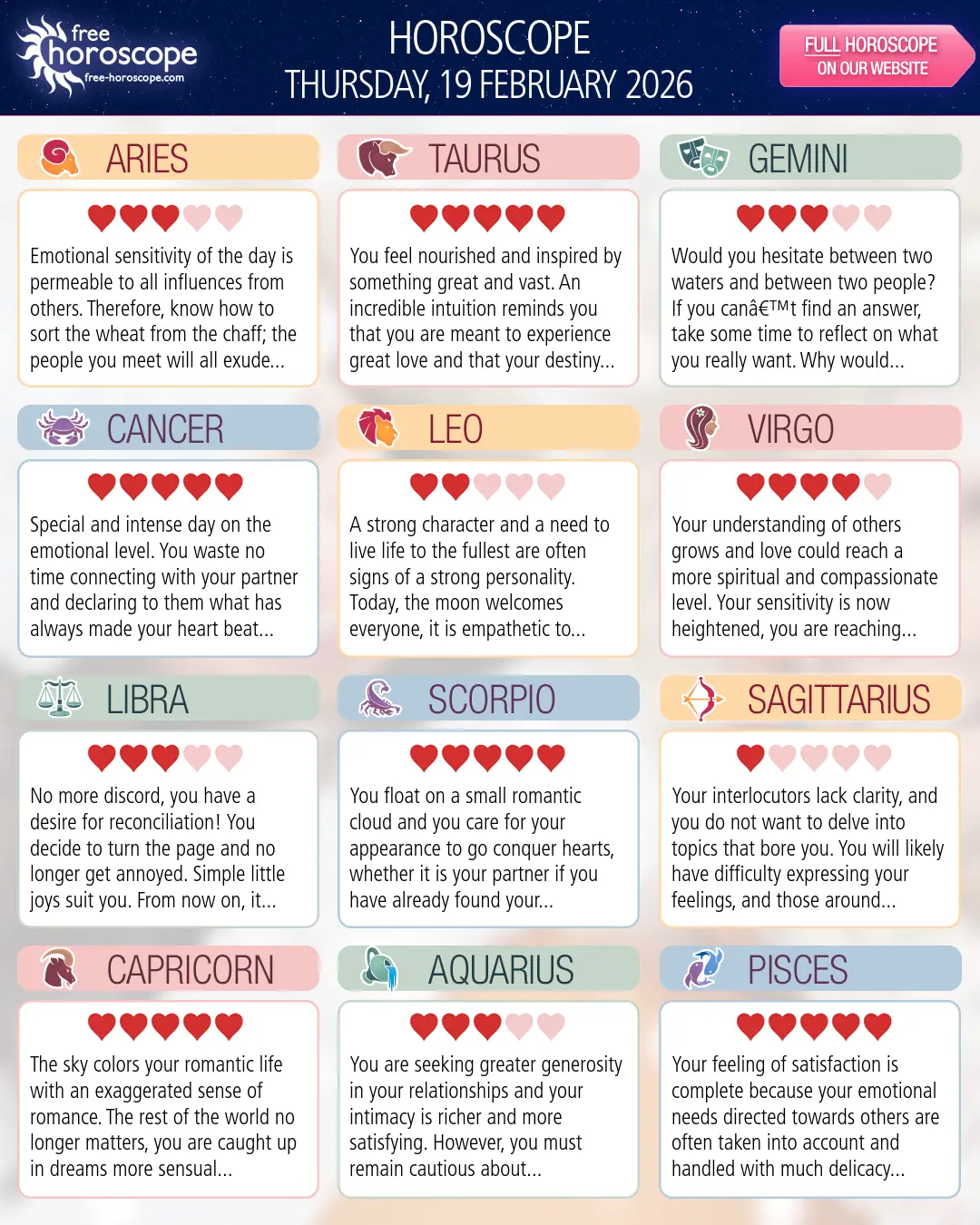 Horoscope for Thursday, February 19, 2026