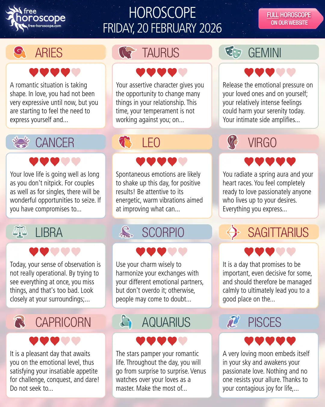 Horoscope for Friday, February 20, 2026