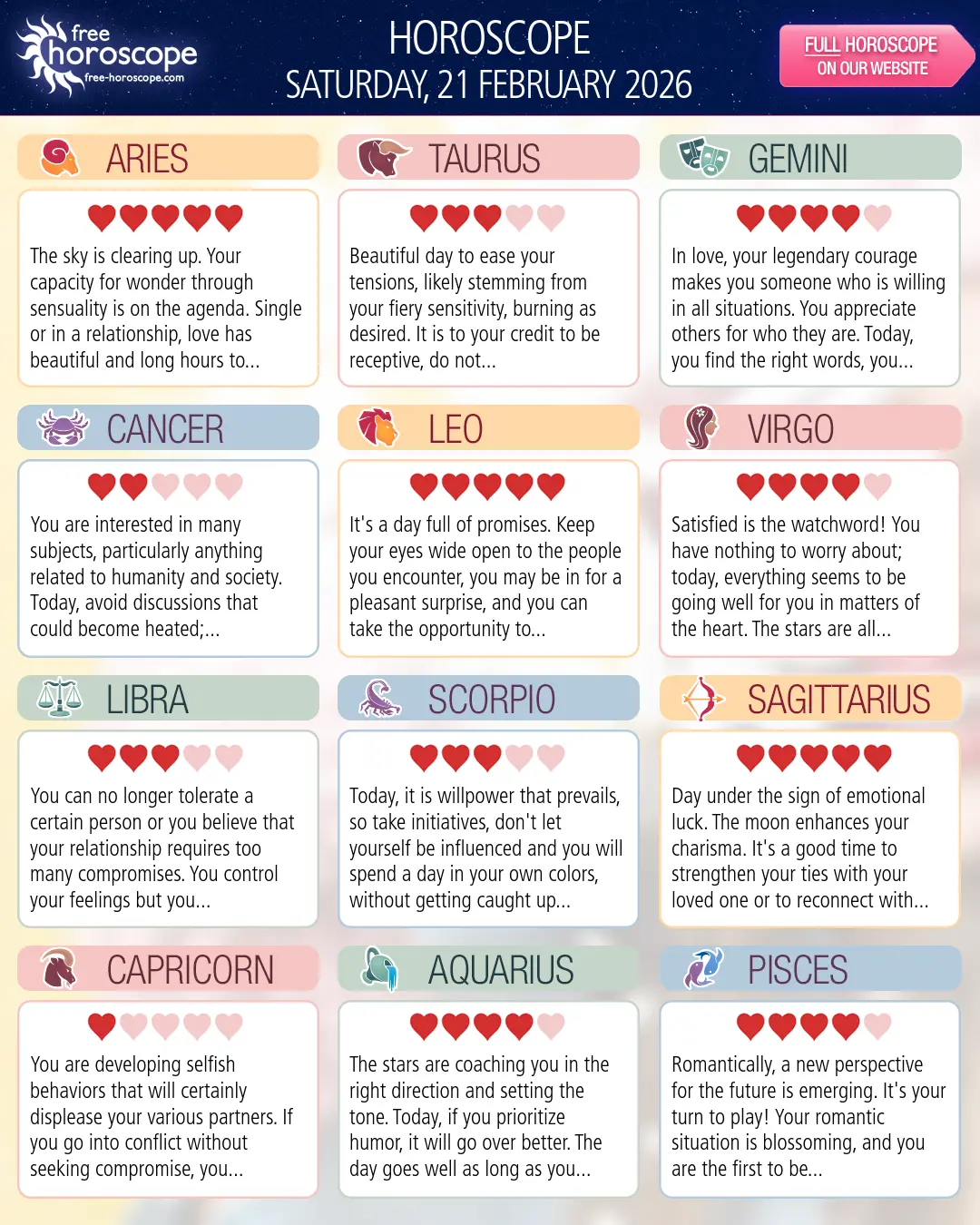 Horoscope for Saturday, February 21, 2026