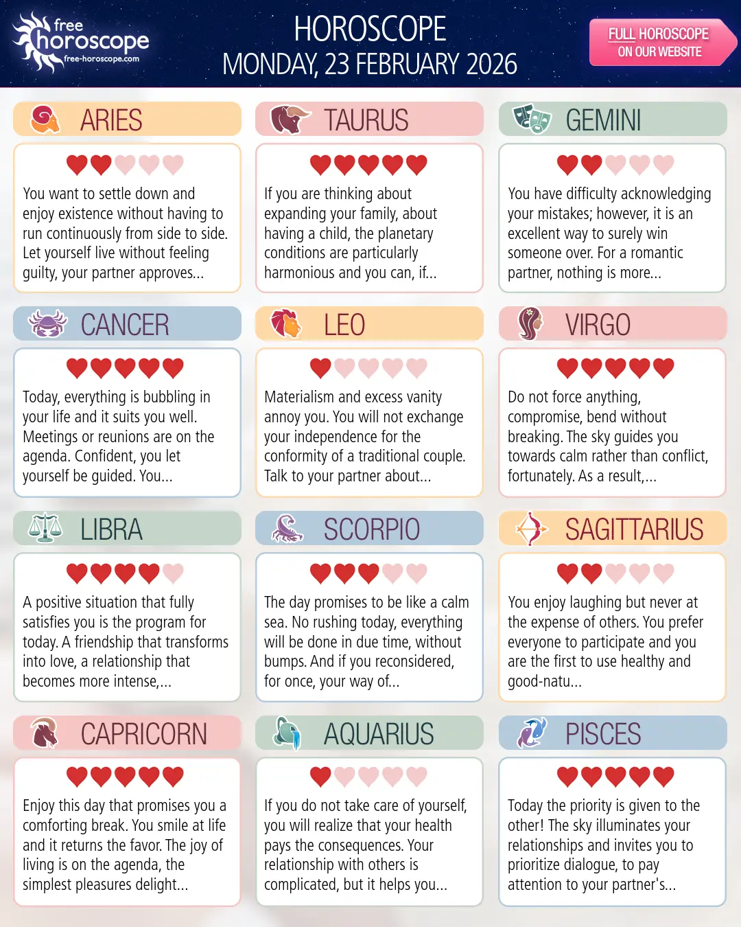 Horoscope for Monday, February 23, 2026