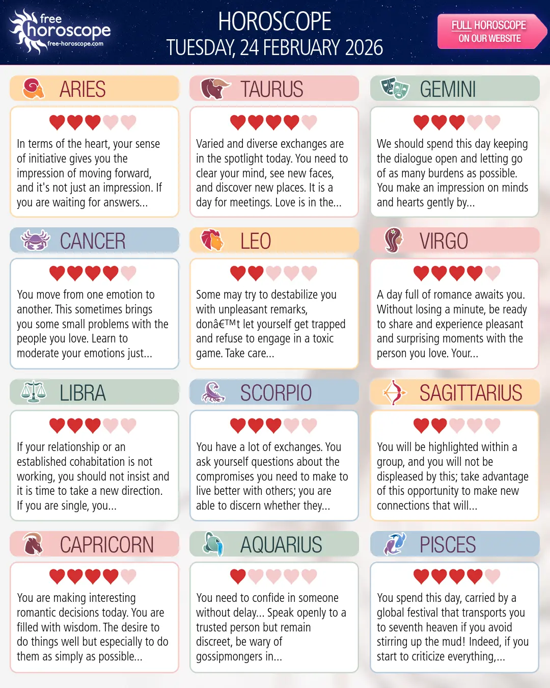 Horoscope for Tuesday, February 24, 2026