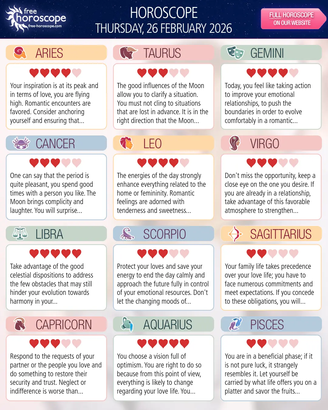 Horoscope for Thursday, February 26, 2026