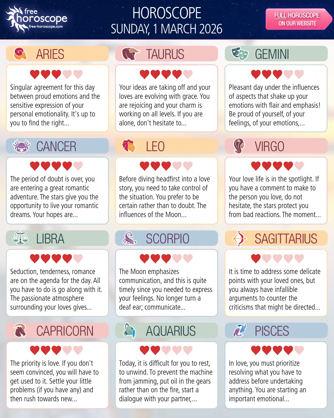 Horoscope for Sunday, March 1, 2026