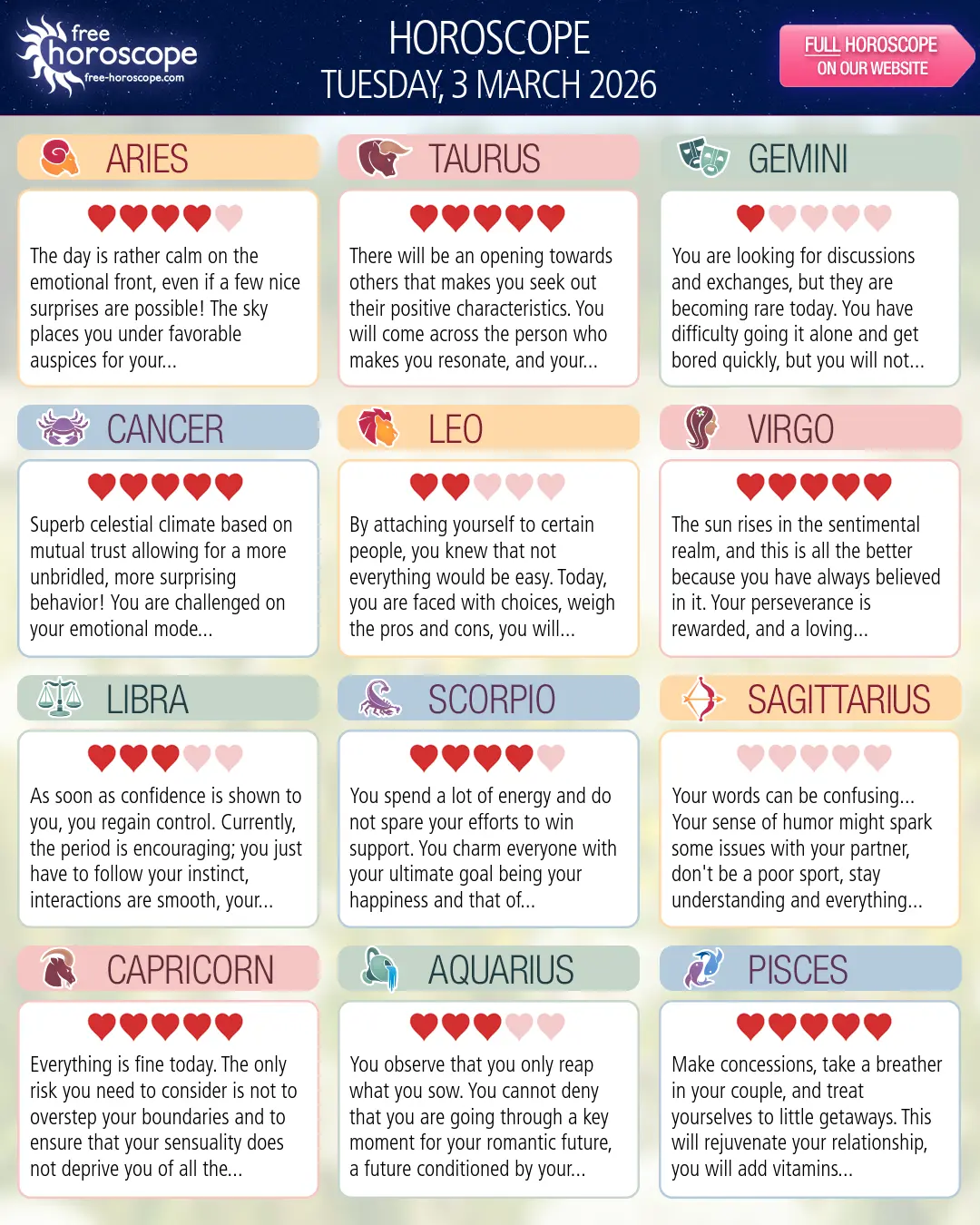 Horoscope for Tuesday, March 3, 2026