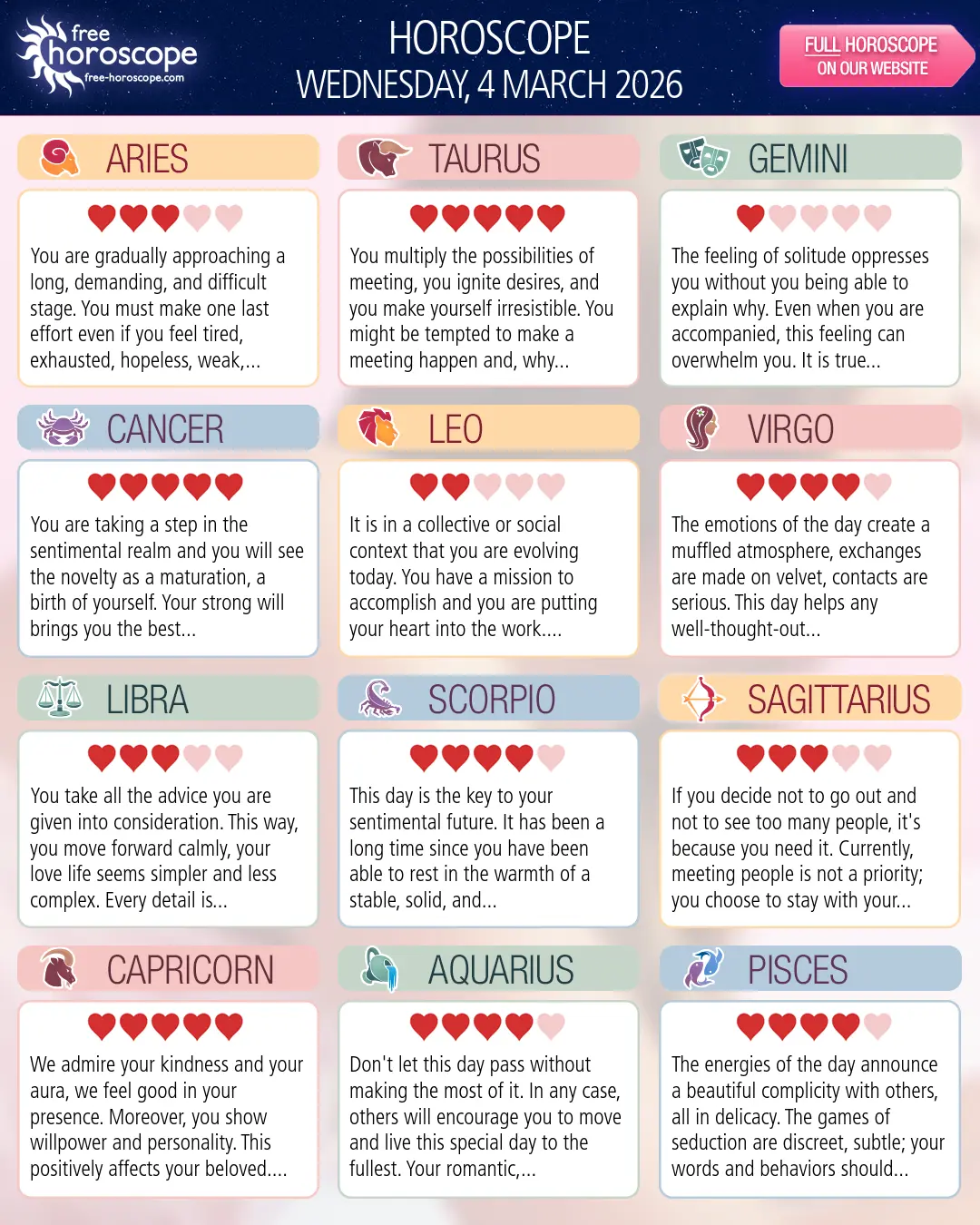 Horoscope for Wednesday, March 4, 2026