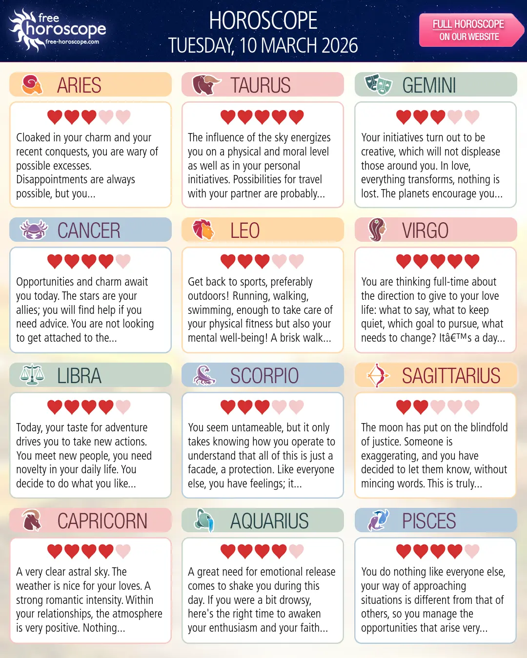 Horoscope for Tuesday, March 10, 2026