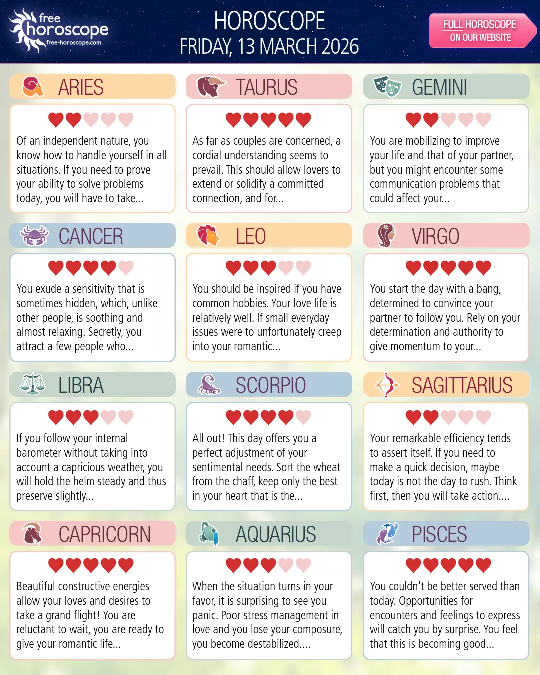 Horoscope for Friday, March 13, 2026