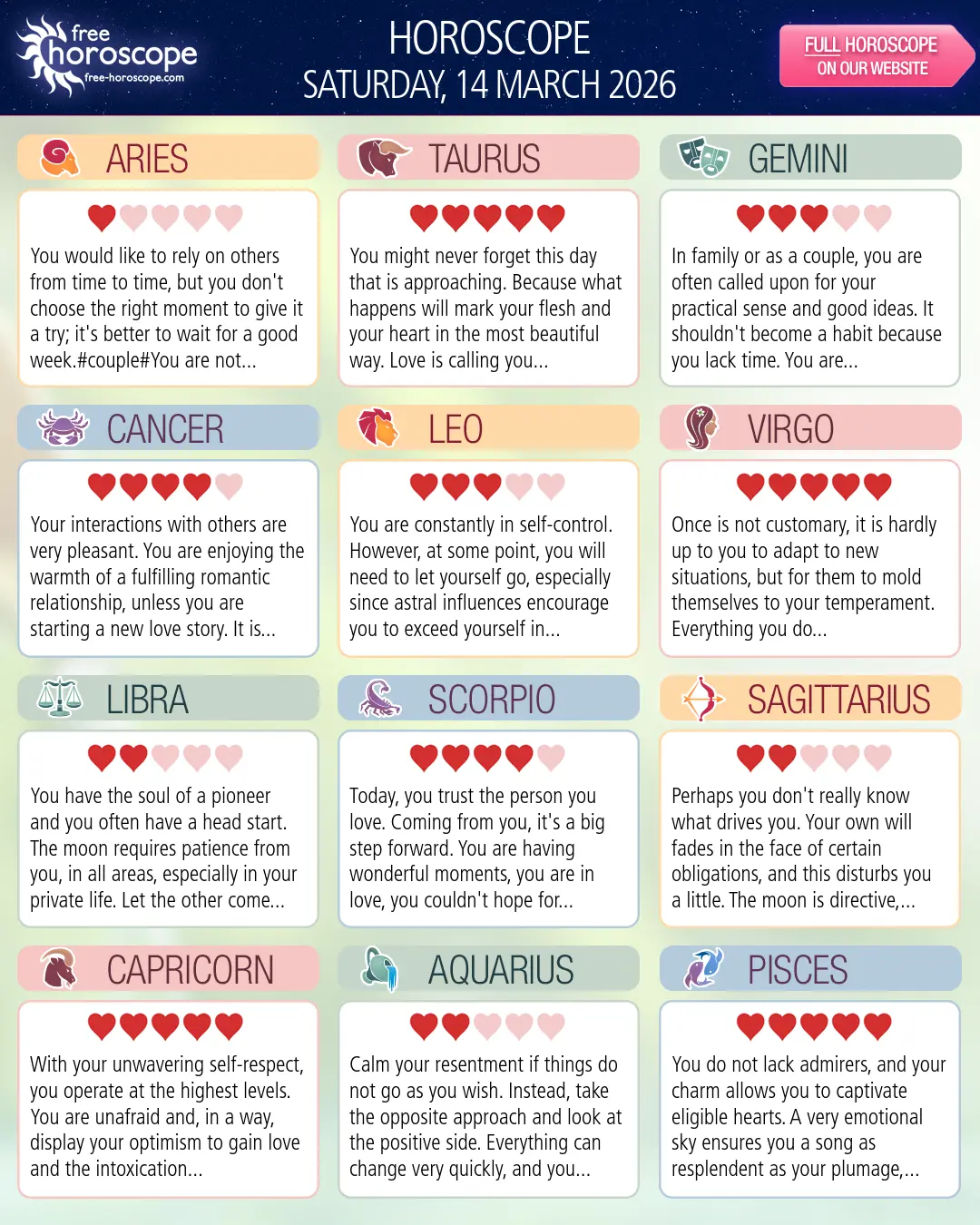 Horoscope for Saturday, March 14, 2026