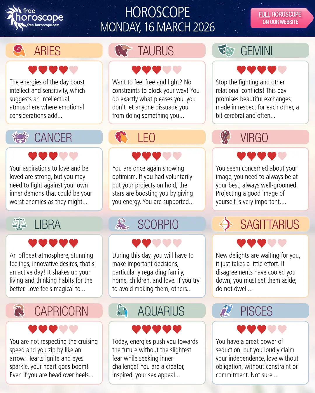 Horoscope for Monday, March 16, 2026