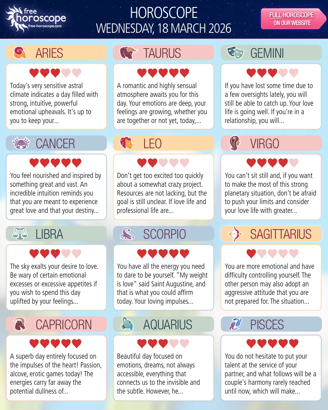 Horoscope for Wednesday, March 18, 2026