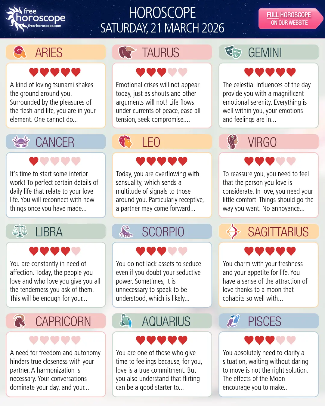 Horoscope for Saturday, March 21, 2026