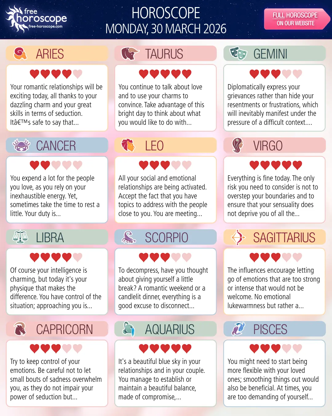 Horoscope for Monday, March 30, 2026