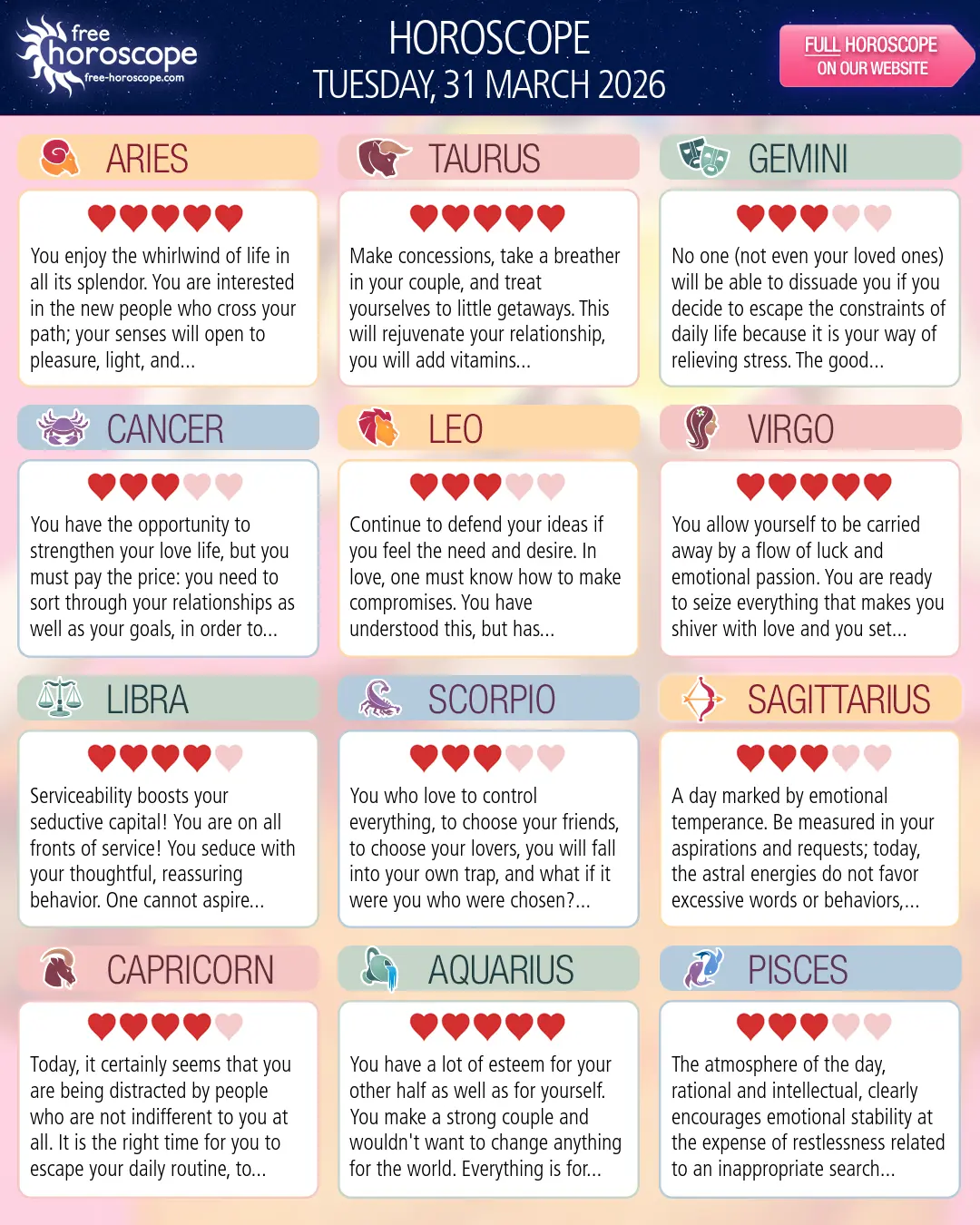 Horoscope for Tuesday, March 31, 2026