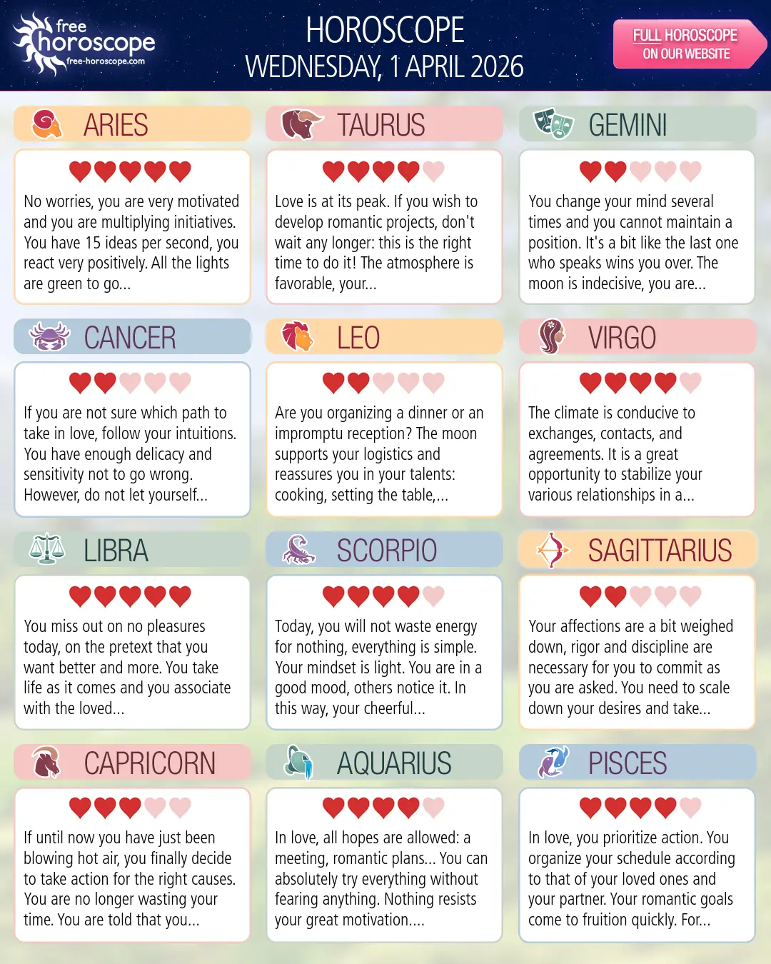 Horoscope for Wednesday, April 1, 2026