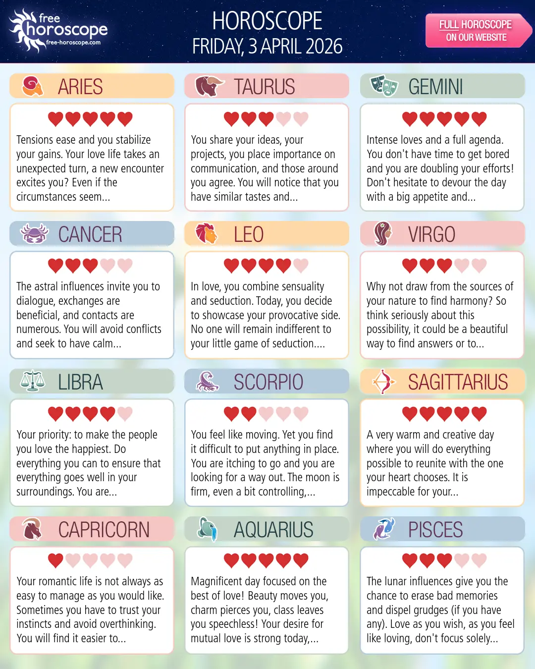 Horoscope for Friday, April 3, 2026