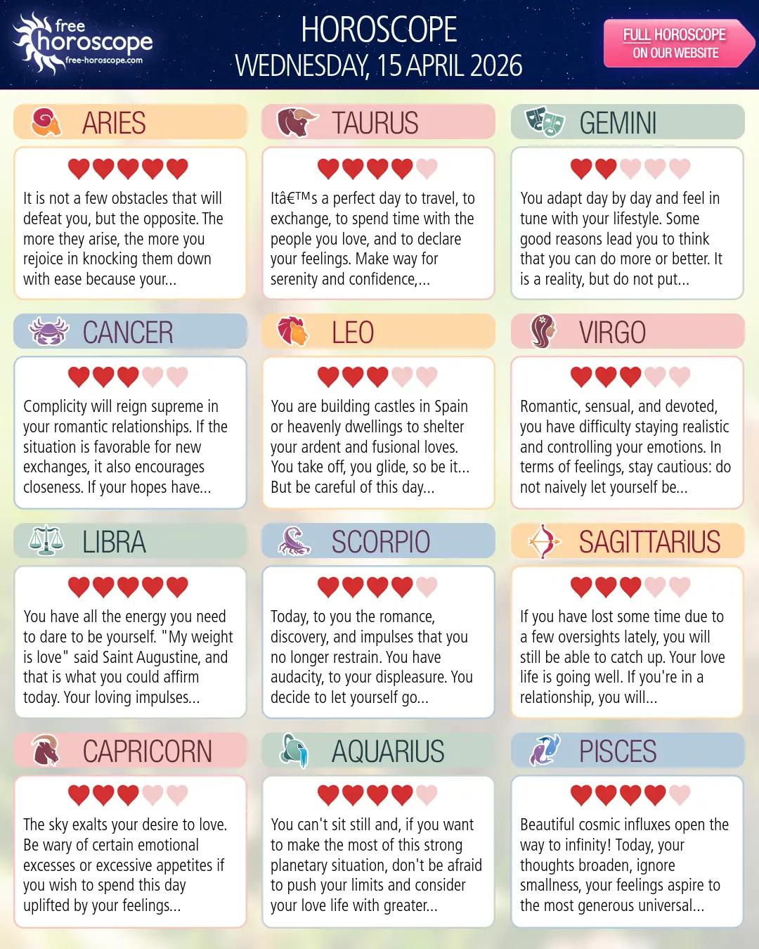 Horoscope for Wednesday, April 15, 2026