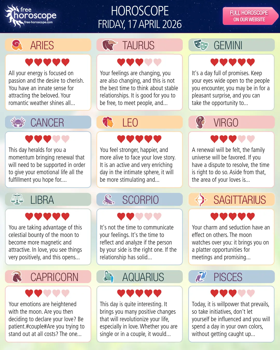 Horoscope for Friday, April 17, 2026