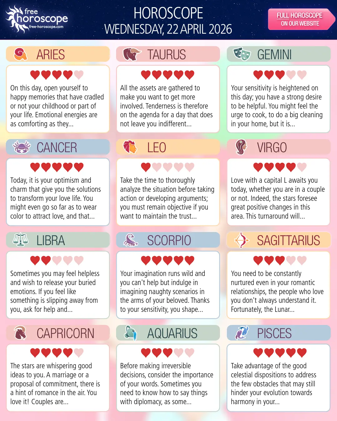 Horoscope for Wednesday, April 22, 2026