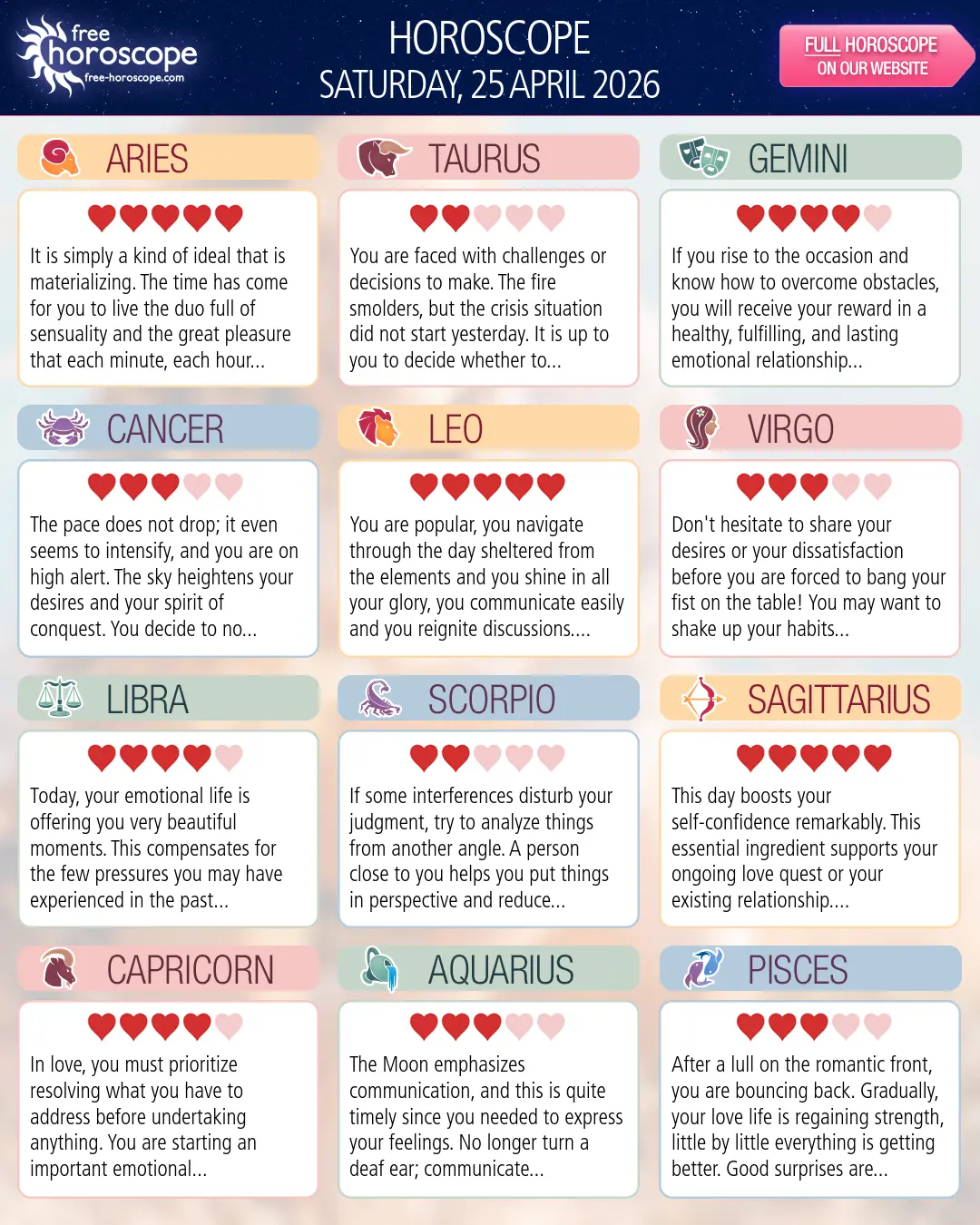 Horoscope for Saturday, April 25, 2026