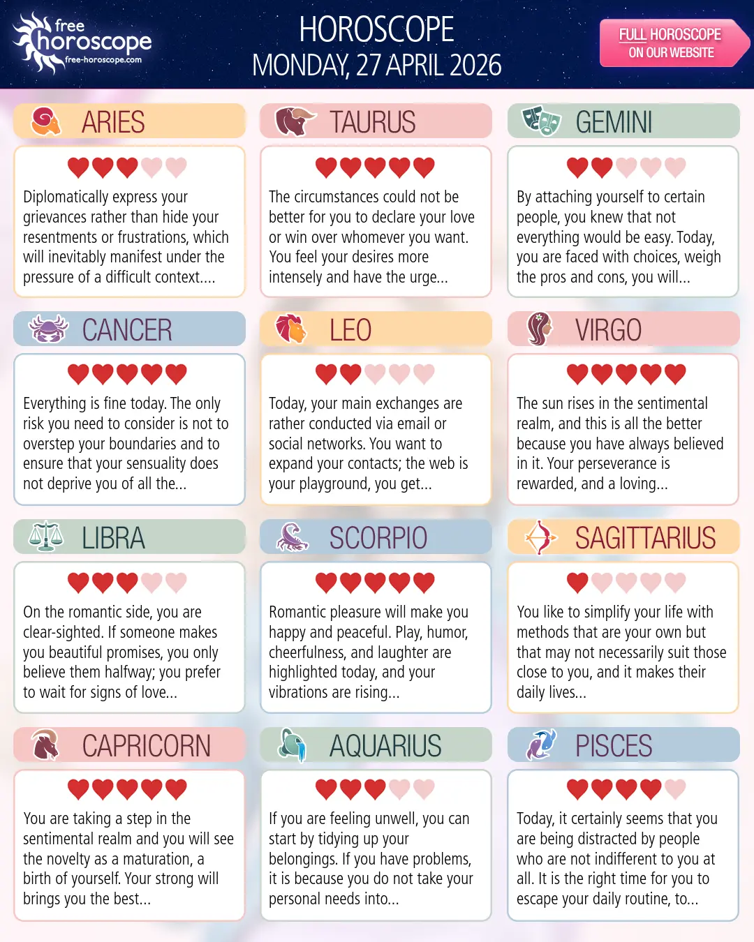 Horoscope for Monday, April 27, 2026