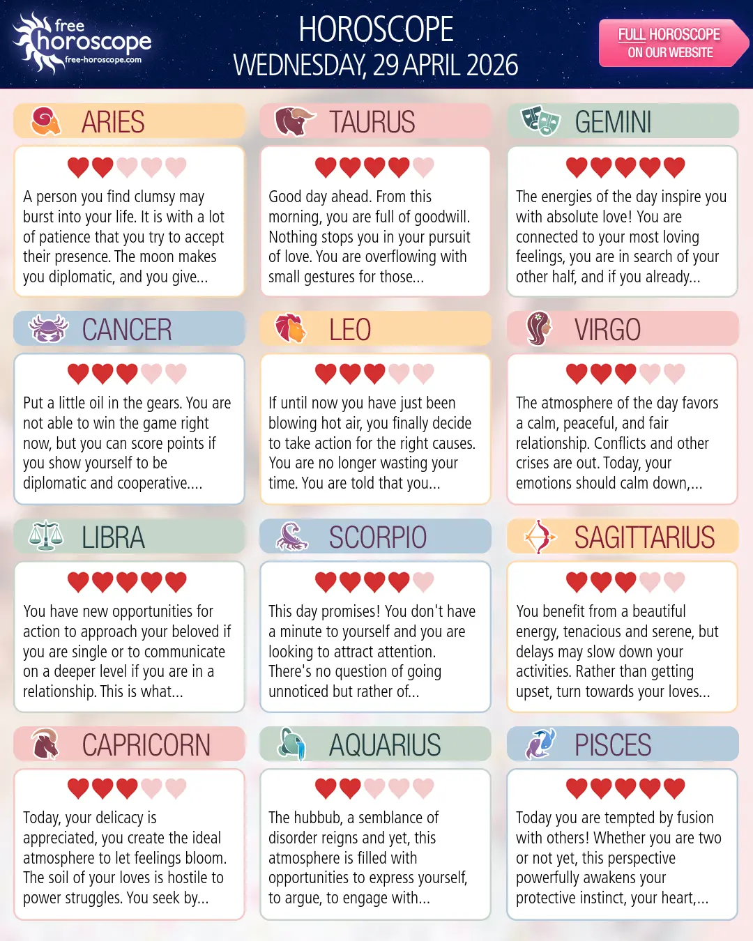 Horoscope for Wednesday, April 29, 2026