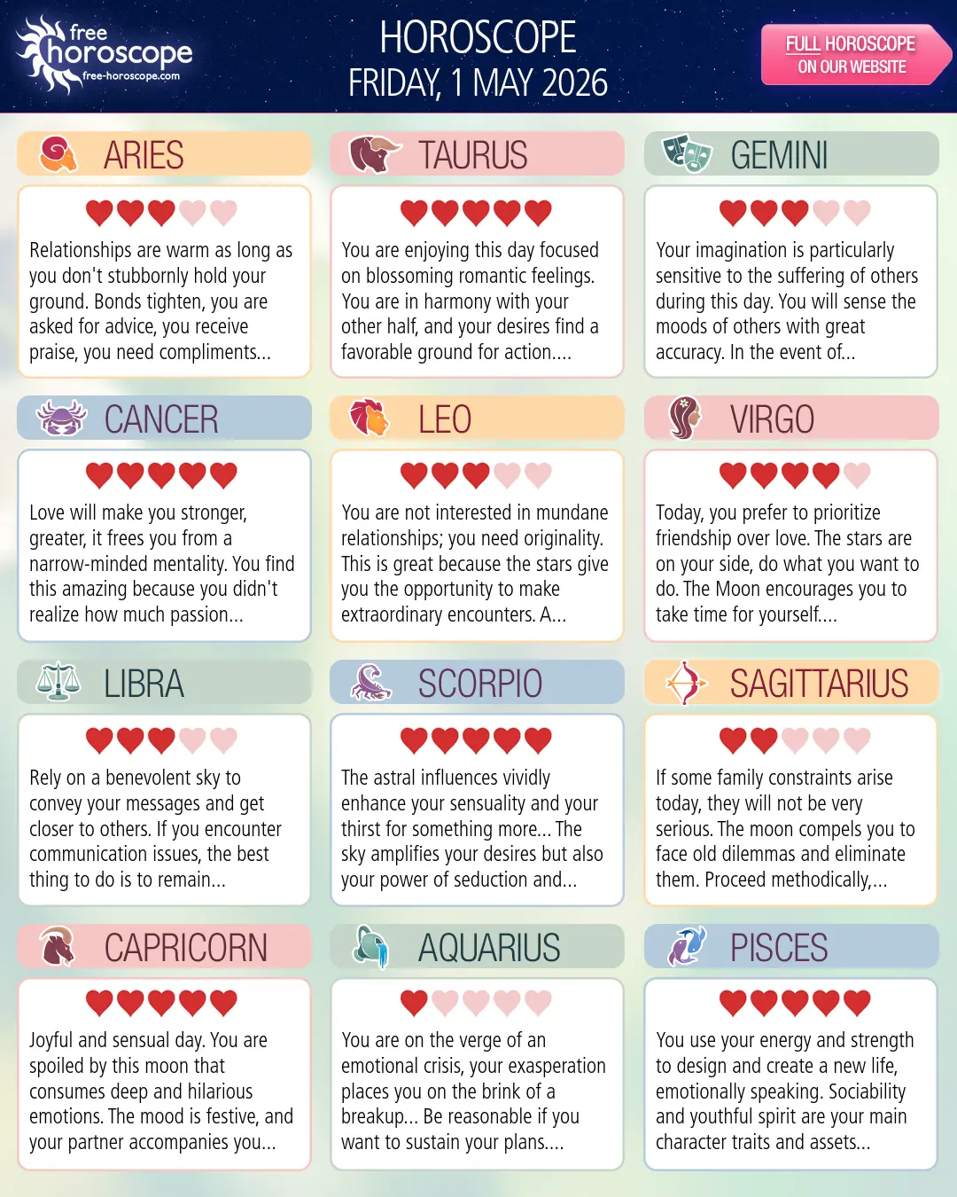 Horoscope for Friday, May 1, 2026